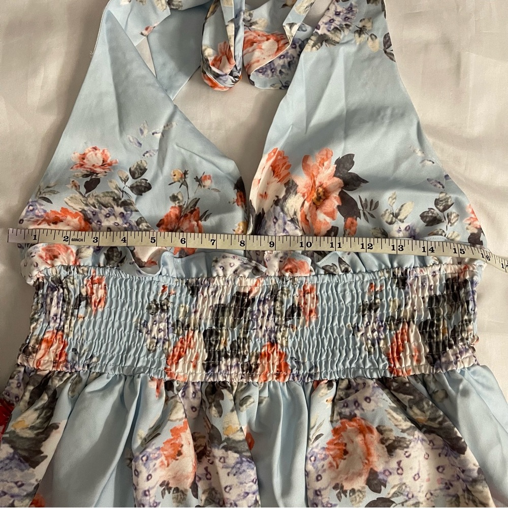 Light blue floral print halter neck deep V-neck ruffle scalloped hem mini dress - Picture 7 of 12